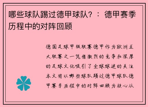 哪些球队踢过德甲球队？：德甲赛季历程中的对阵回顾